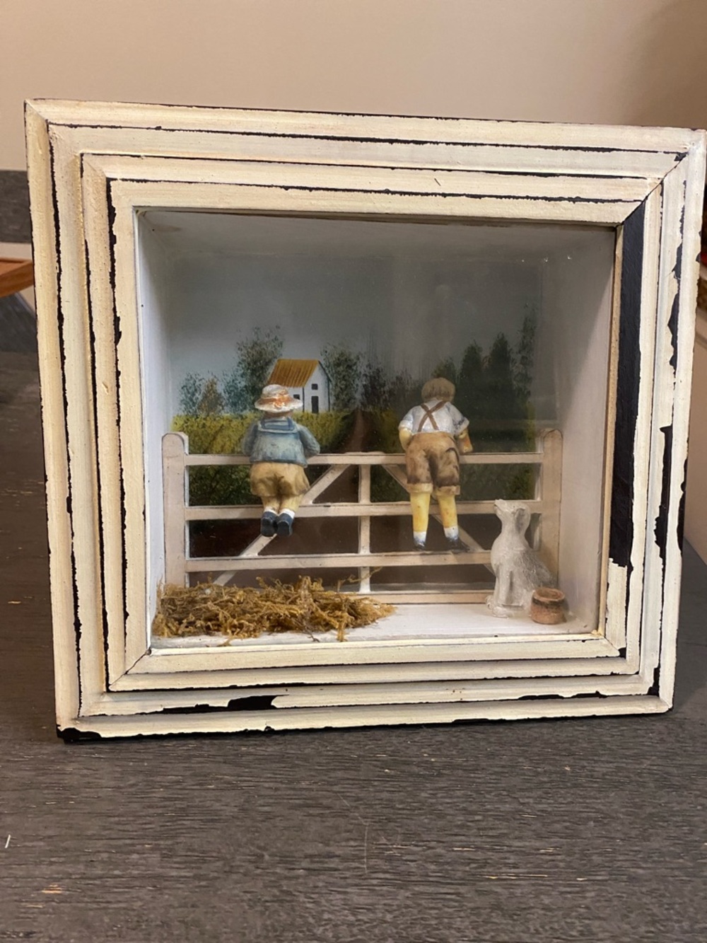 Handcrafted Folk Art Shadow Box with Boys and Farm Scene - Cream Frame
